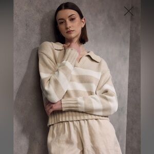 Quince 100% Organic Cropped Cotton Polo Sweater Beige Ivory Stripes Women Medium